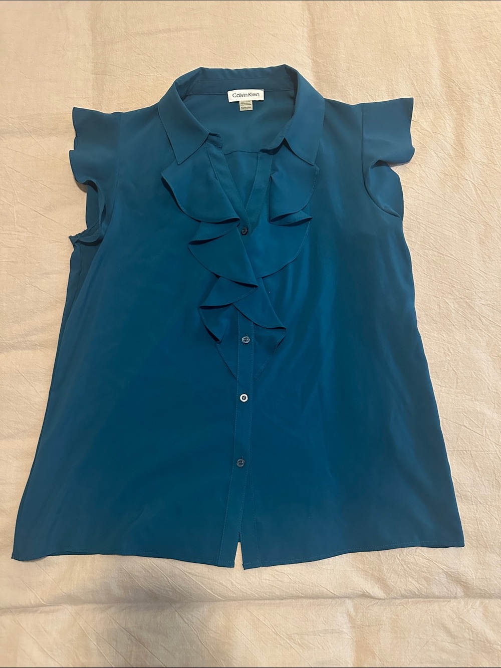 Calvin Klein Teal Ruffle-Front Sleeveless Blouse